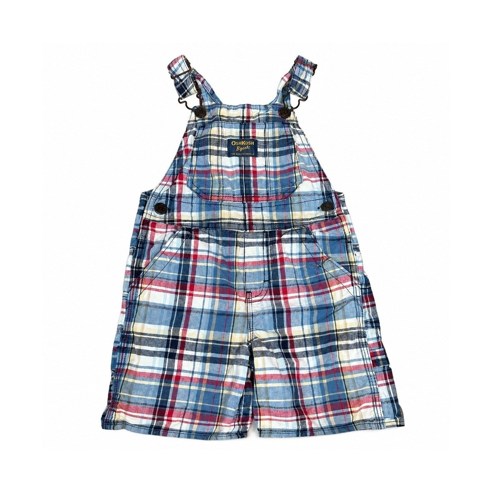 OshKosh B'gosh Plaid Overalls Kids 24 Months Blue Red Shortalls Cotton